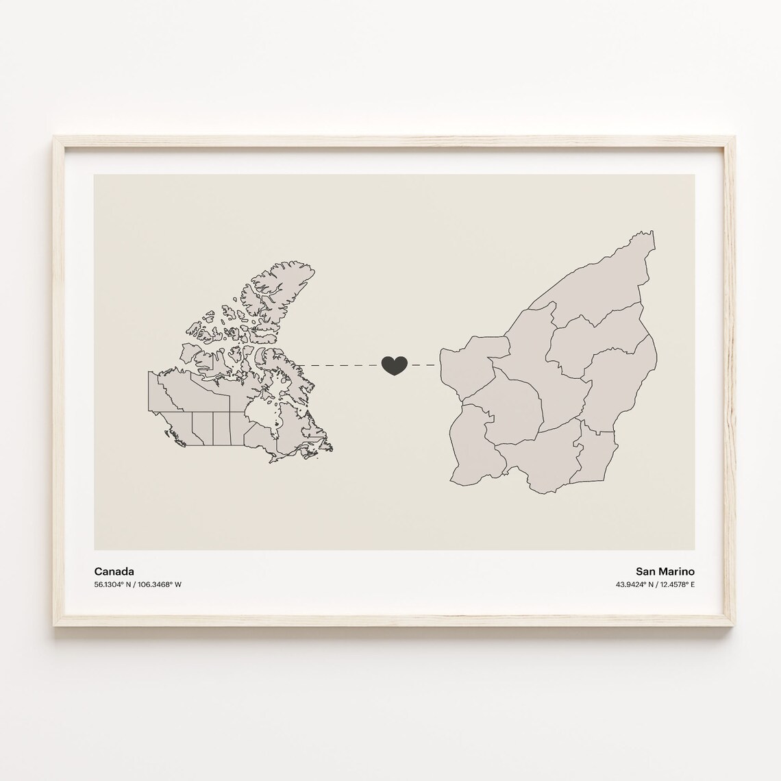 Canada and San Marino Minimalist Long Distance Heart Map Connection Poster