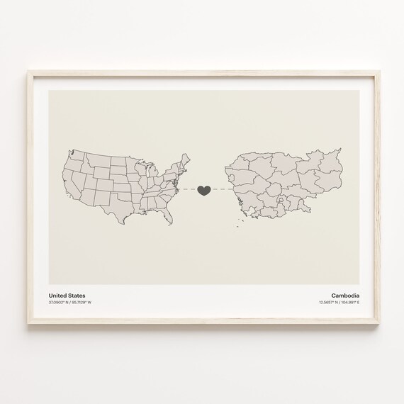 United States To Cambodia Long Distance Heart Connection Map Poster