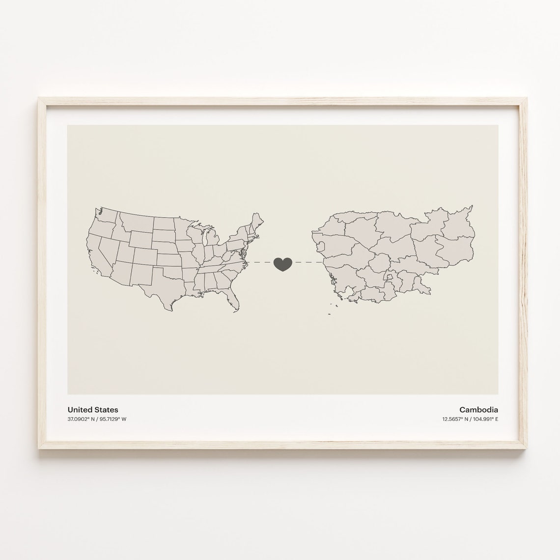 United States To Cambodia Long Distance Heart Connection Map Poster