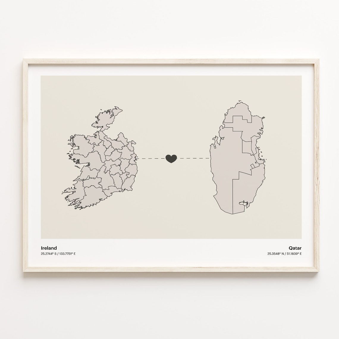 Ireland to Qatar Minimalist Heart Connection Love Map Poster