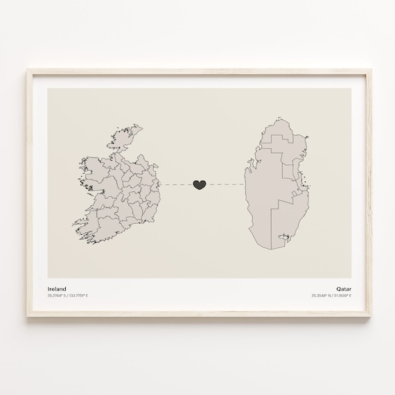 Ireland to Qatar Minimalist Heart Connection Love Map Poster