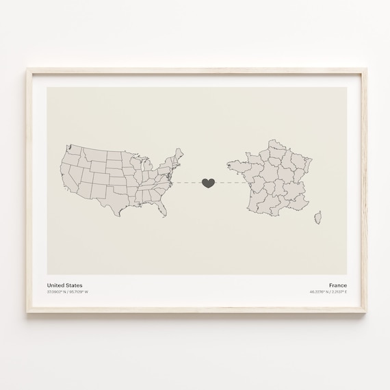 United States To France Long Distance Heart Connection Map Poster