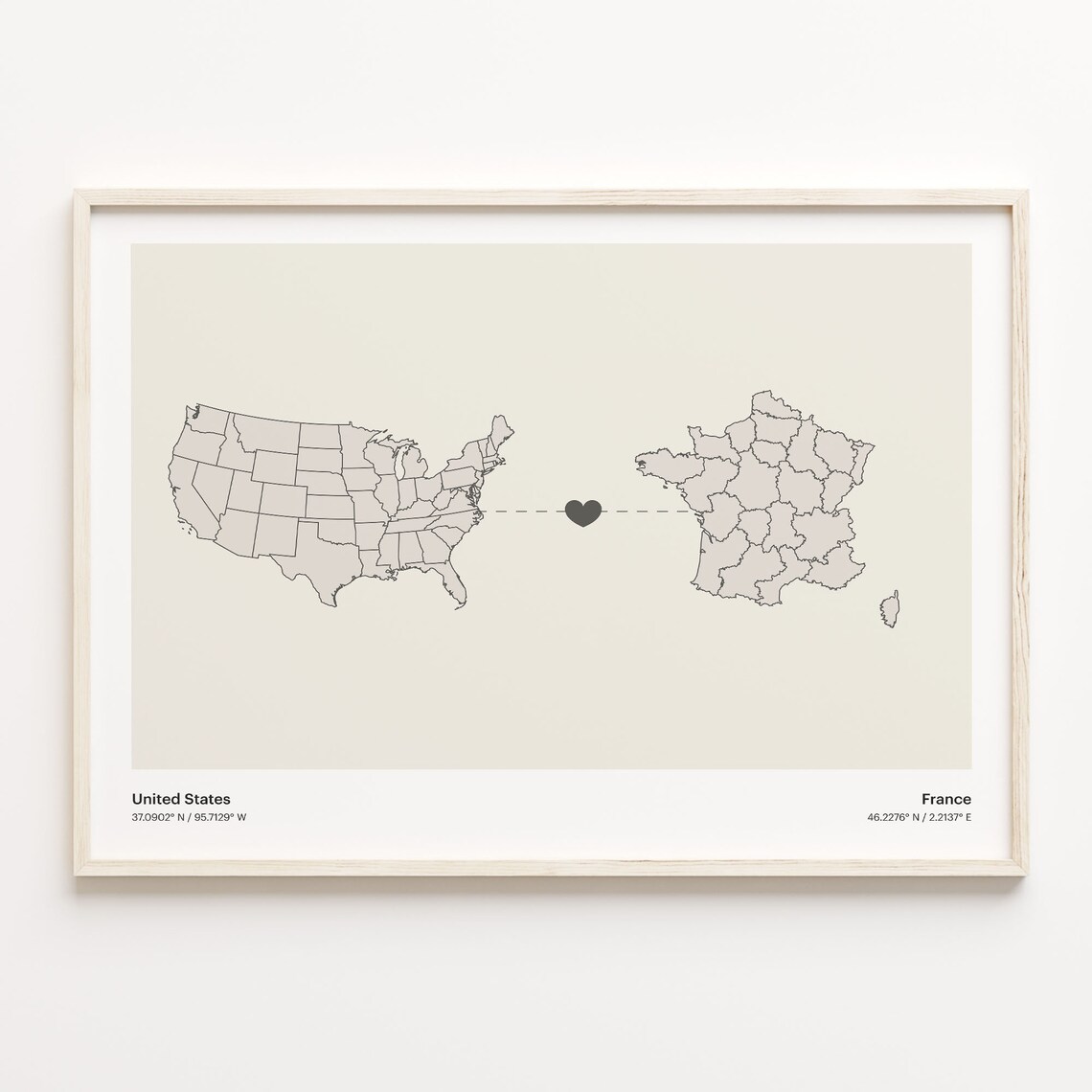 United States To France Long Distance Heart Connection Map Poster