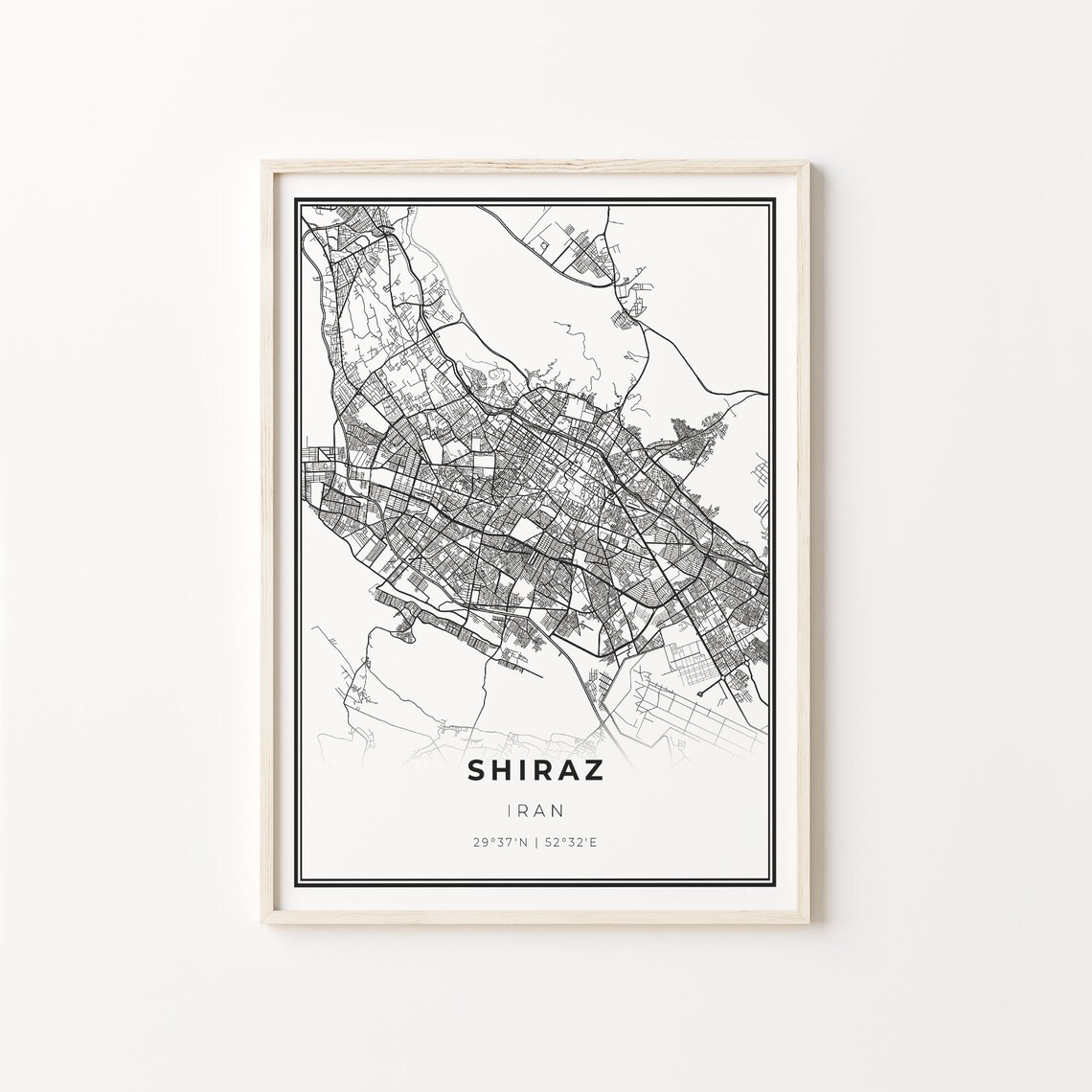 Shiraz Iran Minimalist Black and White City Street Map Poster