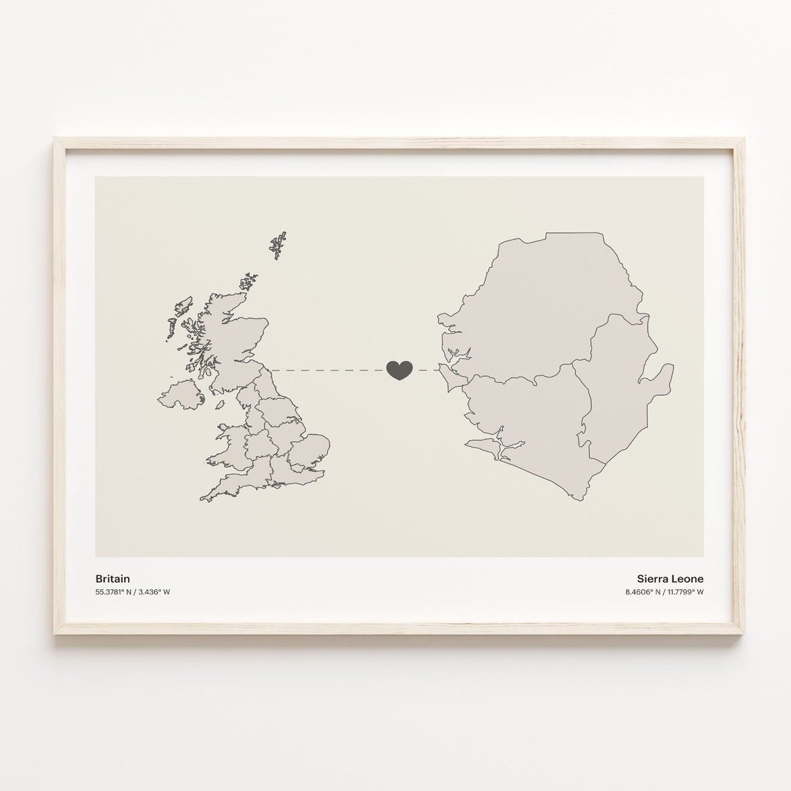 Britain To Sierra Leone Minimal Heart Country Connection Map Poster