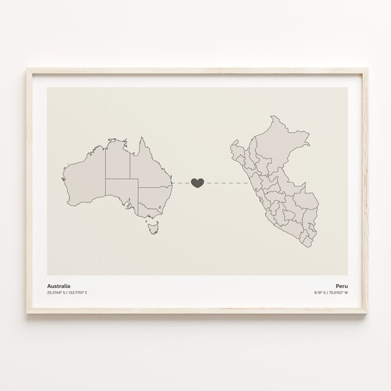 Australia to Peru Minimalist Heart Map Long Distance Connection Poster