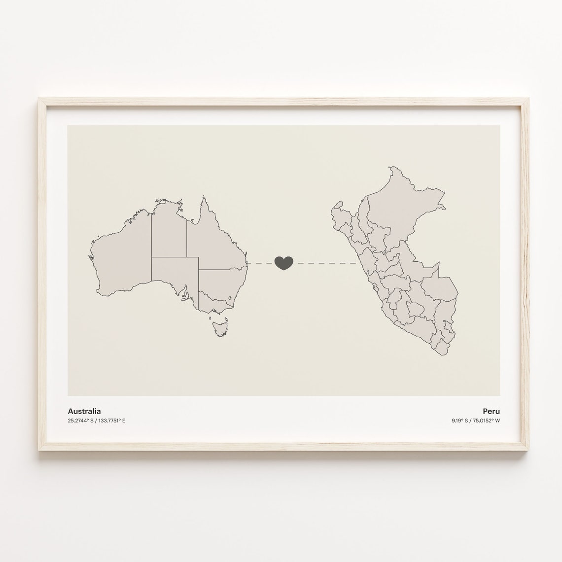 Australia to Peru Minimalist Heart Map Long Distance Connection Poster