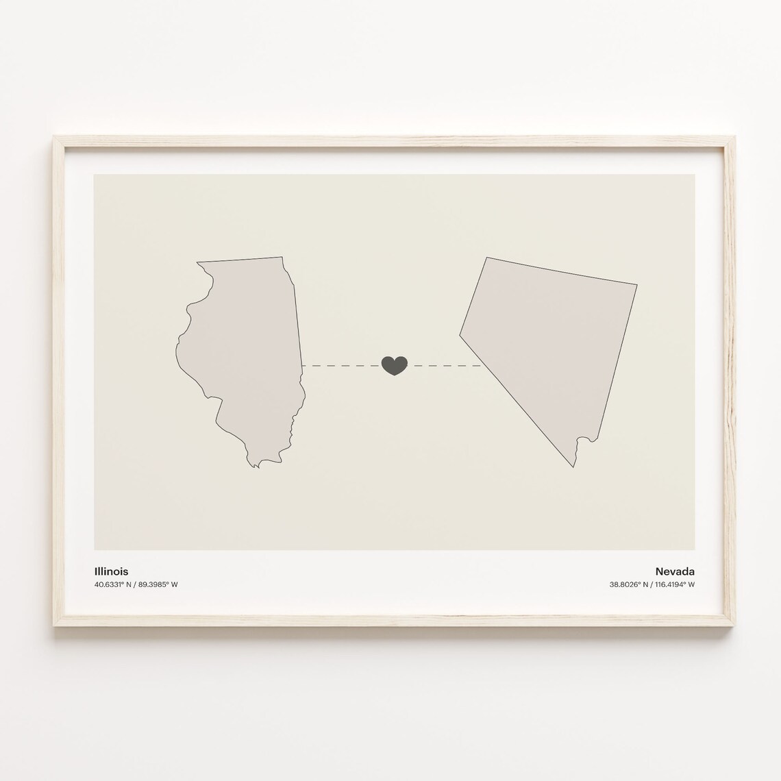 Illinois Nevada Minimalist Long Distance Love Heart Map Poster