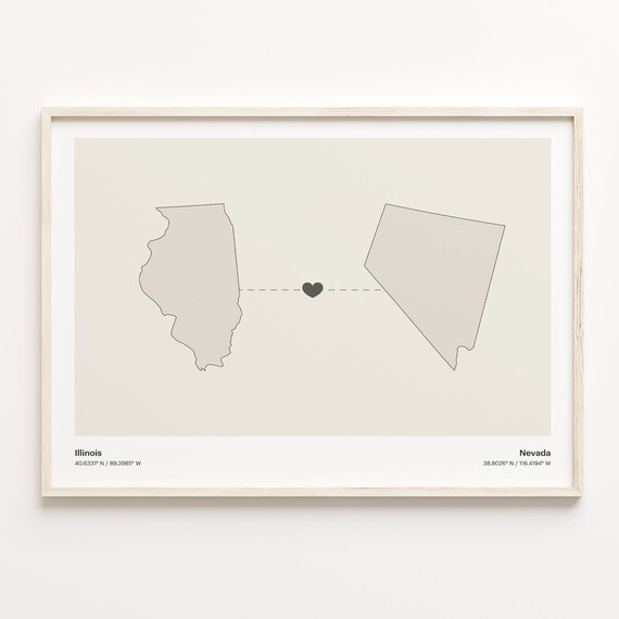 Illinois Nevada Minimalist Long Distance Love Heart Map Poster