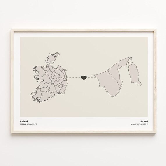 Ireland and Brunei Long Distance Love Heart Connection Map Print