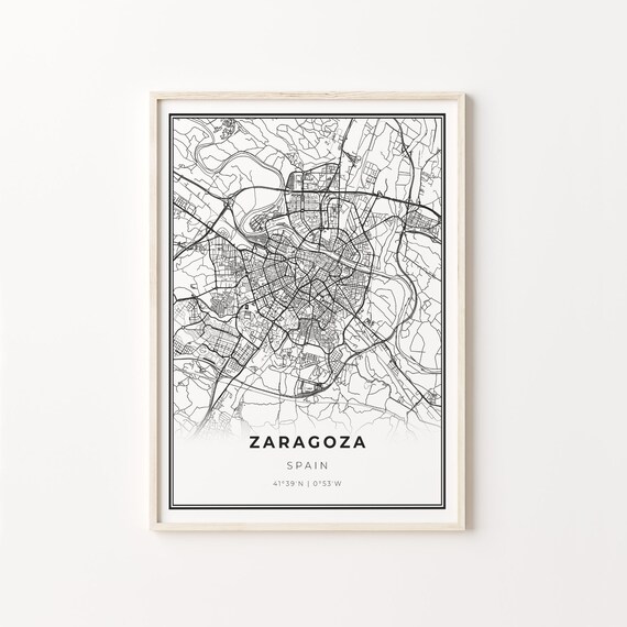 Zaragoza Spain Minimalist Black and White City Street Map Poster