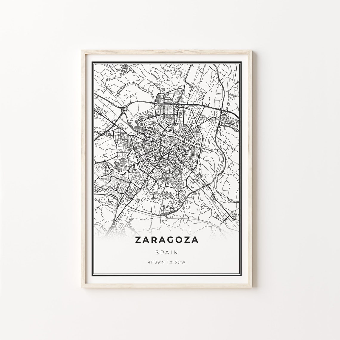 Zaragoza Spain Minimalist Black and White City Street Map Poster