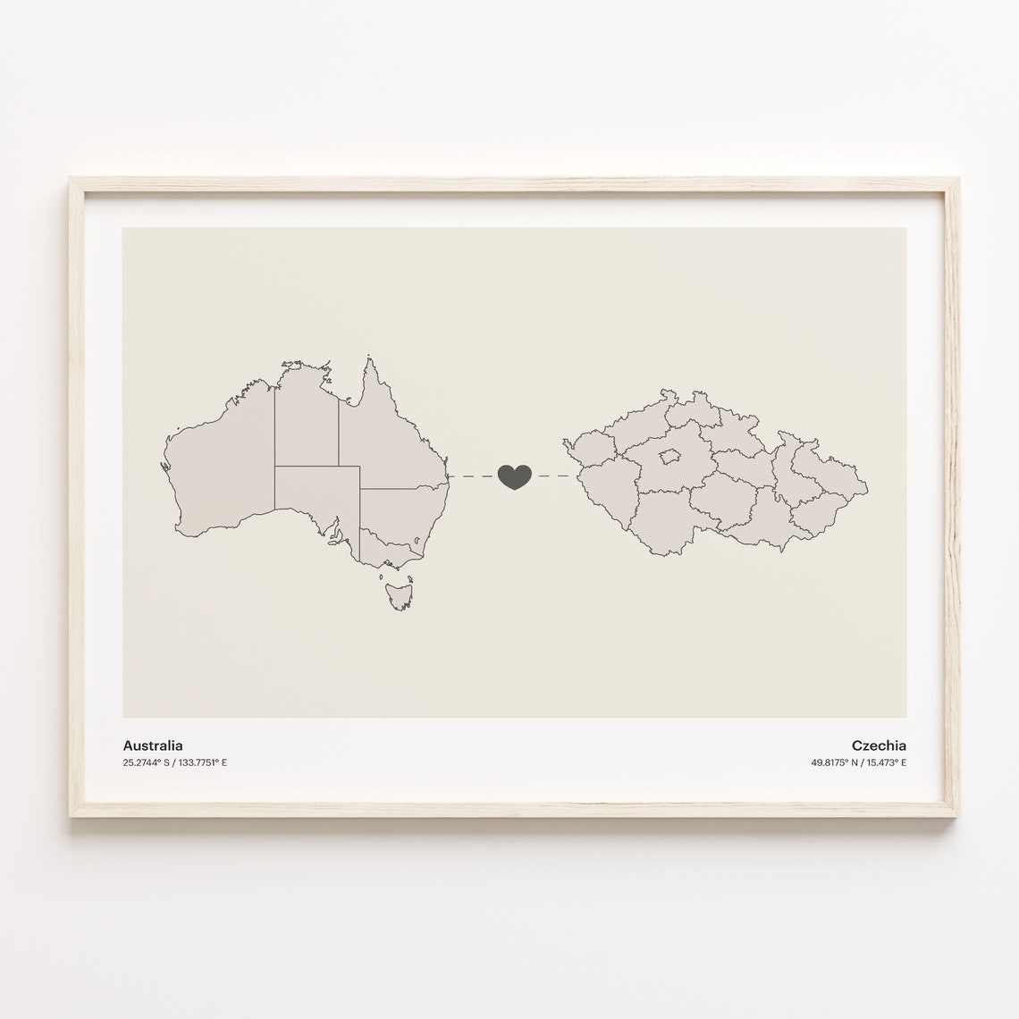 Australia To Czechia Minimalist Map Heart Connection Gift Poster