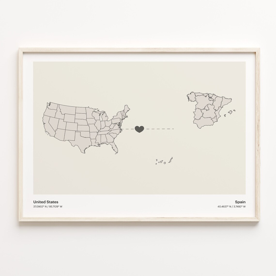 United States to Spain Minimalist Map Art Print