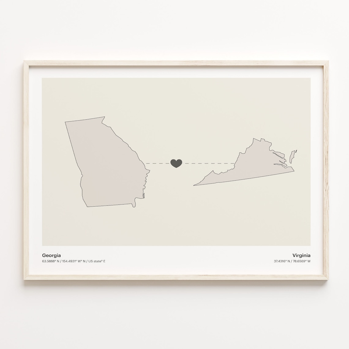 Georgia To Virginia Minimalist Heart Map Long Distance Love Poster