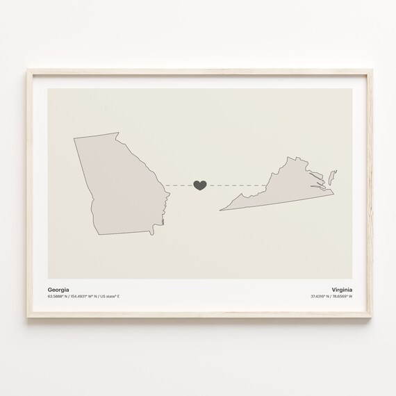 Georgia To Virginia Minimalist Heart Map Long Distance Love Poster