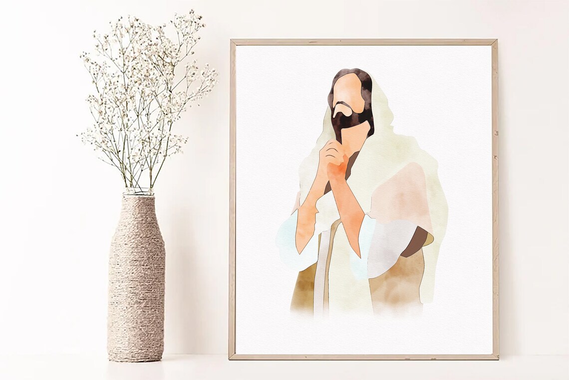 Praying Jesus With Folded Hands in Cream Watercolor Portrait Poster