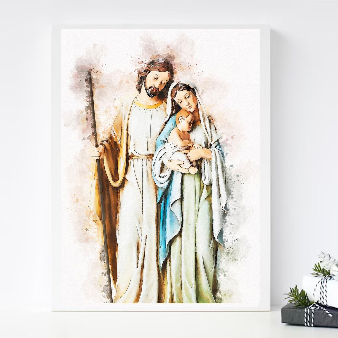 Holy Family Portrait Joseph Mary Baby Jesus Watercolor Poster