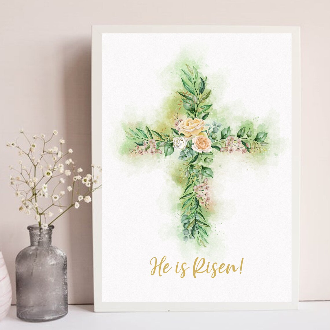 He Is Risen Watercolor Floral Cross Christian Easter Day Poster