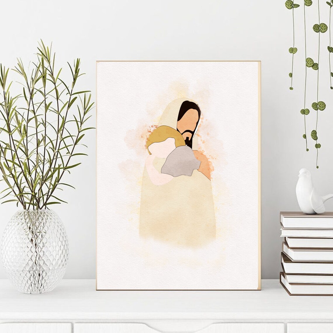 Jesus Embracing Blonde Child Golden Watercolor Christian Poster