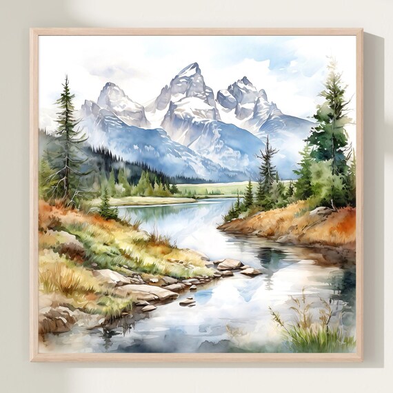 Grand Teton National Park Snowy Mountain River Watercolor Poster