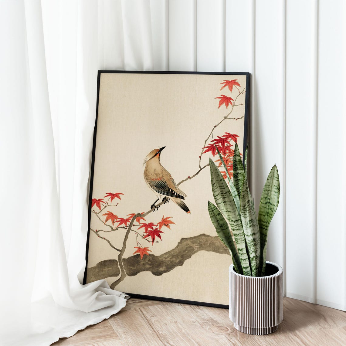 Waxwing Bird Perched on Red Maple Branch Japanese Art Poster - Image 2