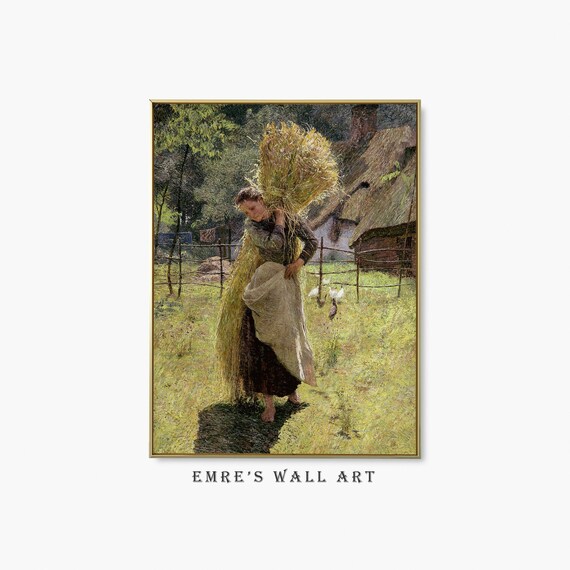 Woman Carrying Hay Sheaf Farm Scene Vintage Country Painting Poster