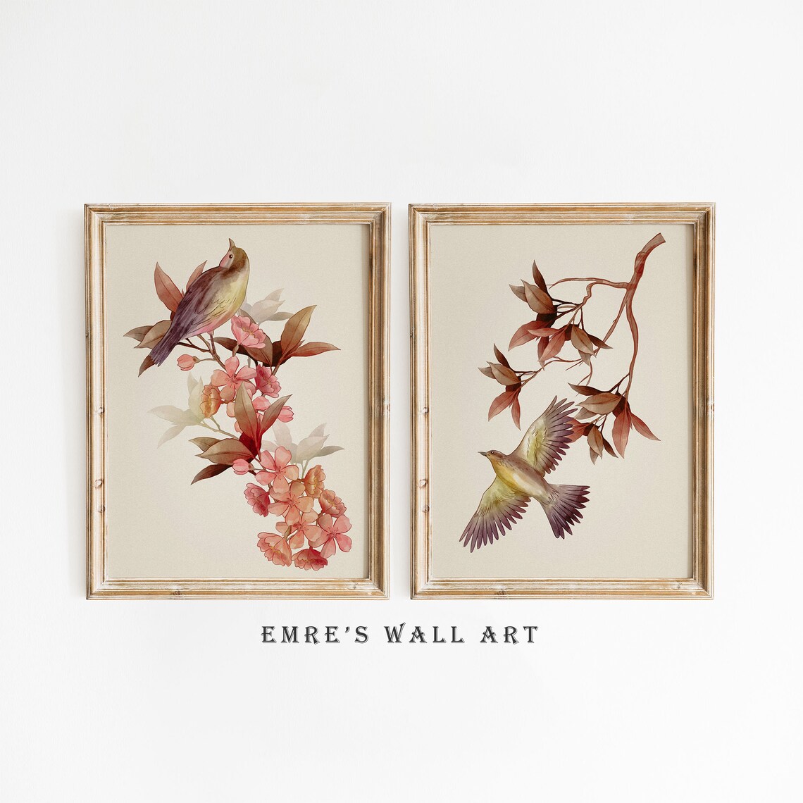 Songbird Pair Botanical Prints Autumn Leaves Blossom Art Poster