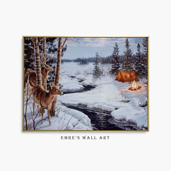 Vintage Winter Deer Oil Painting Art Print
