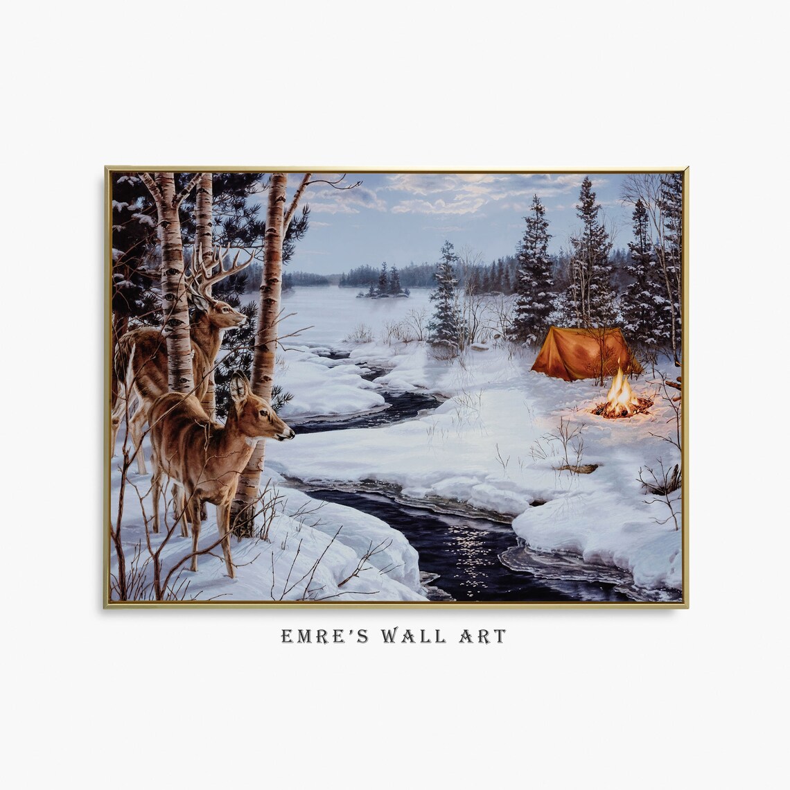 Vintage Winter Deer Oil Painting Art Print
