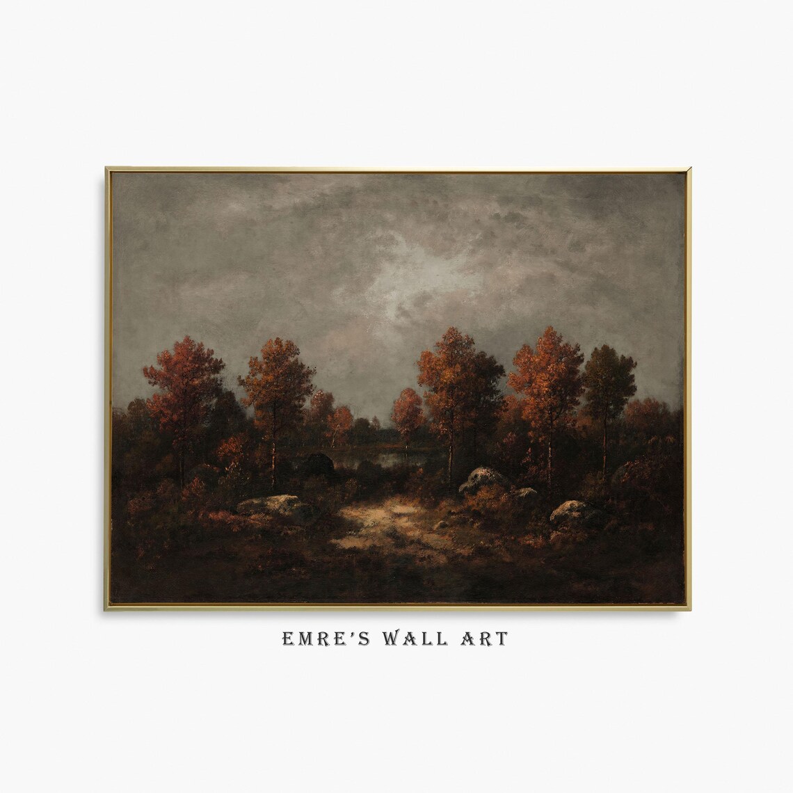 Moody Autumn Forest Pond Vintage Fall Landscape Dark Rustic Painting Print