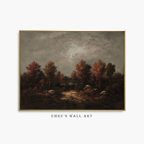 Moody Autumn Forest Pond Vintage Fall Landscape Dark Rustic Painting Print