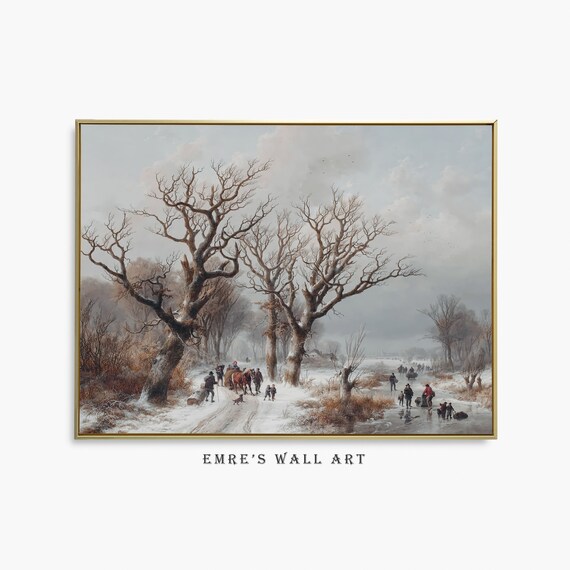 Bare Oak Trees Frozen Pond Winter Skaters Vintage Oil Painting Poster