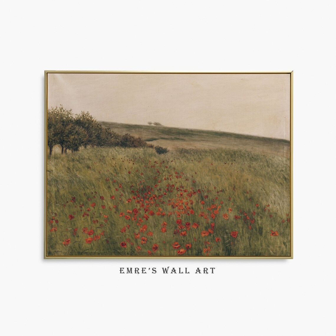 Poppy Flower Print, Vintage Spring Landscape Art