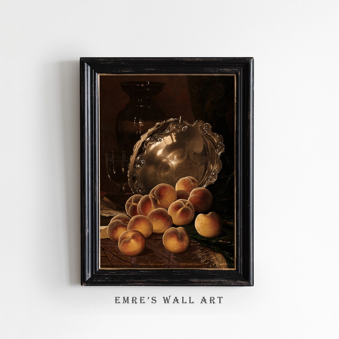 Glowing Peaches Silver Platter Dark Still Life Vintage Fruit Poster