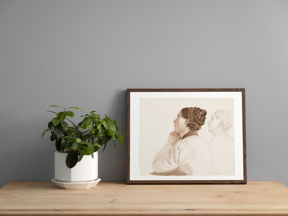 Antique Sepia Sketch of Two Women in Profile Vintage Drawing Poster - Image 2