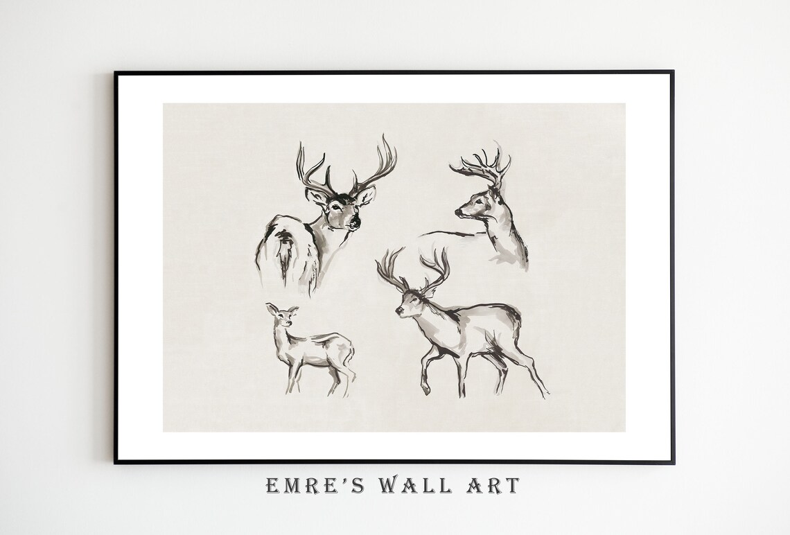 Antique Rustic Deer Sketch Vintage Christmas Art Print - Image 2