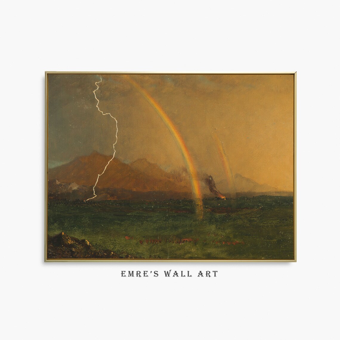 Vintage Thunderstorm Rainbow Landscape Art Print