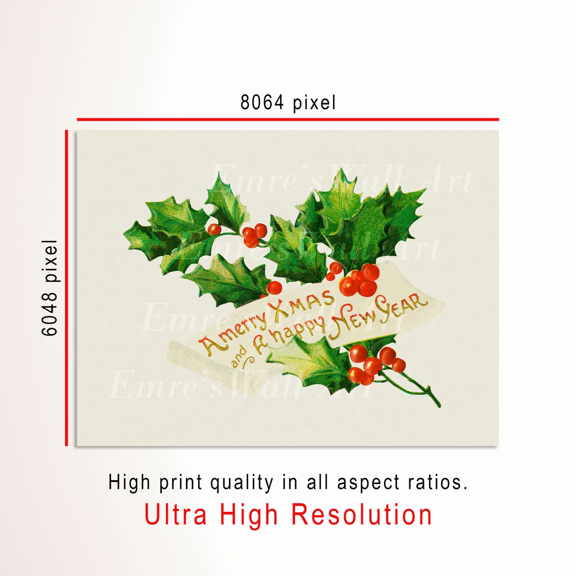 Vintage Holly Branch Christmas Card A Merry Xmas Happy New Year Poster - Image 3