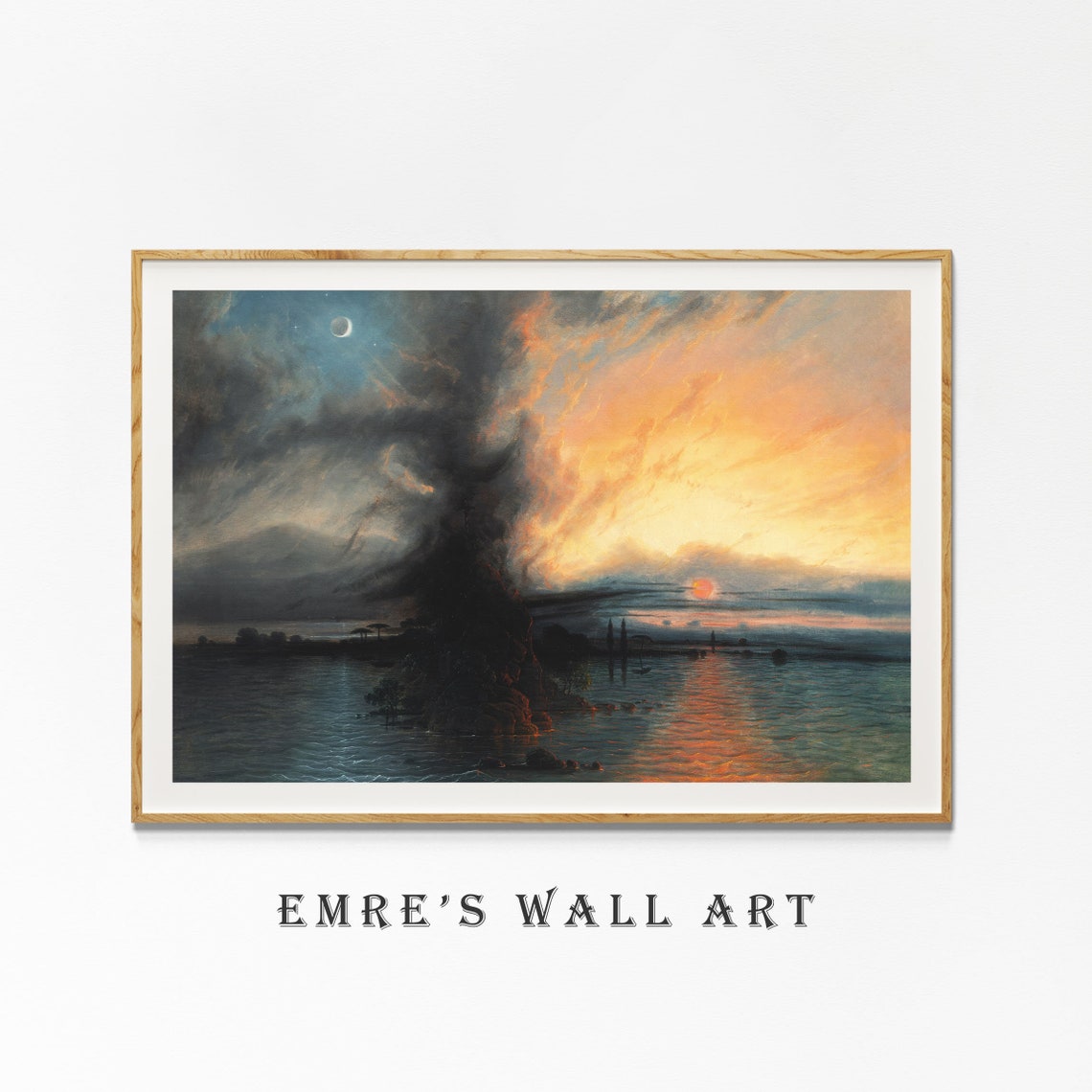 Dramatic Sunset Over Water with Crescent Moon Stormy Seascape Poster - Image 4