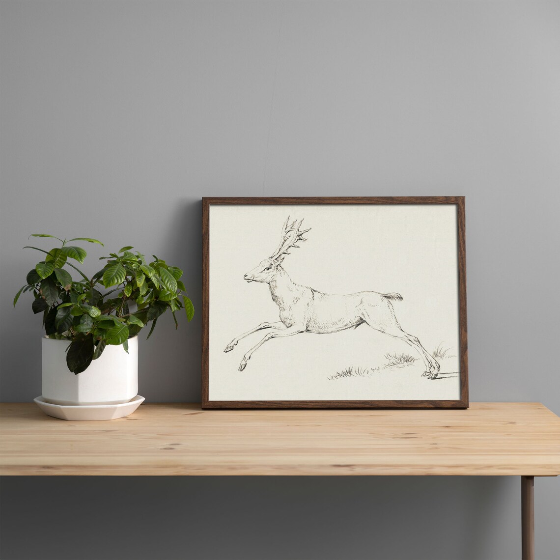 Vintage Leaping Stag Sketch Pencil Drawing Deer Wildlife Artwork Poster - Image 2