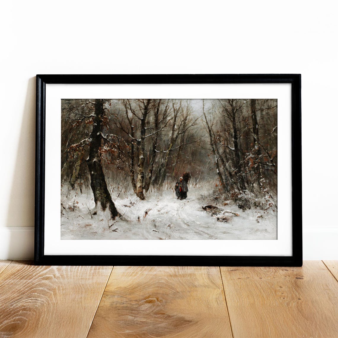 Lone Figure Walking on Snowy Forest Path Winter Painting Poster - Image 2