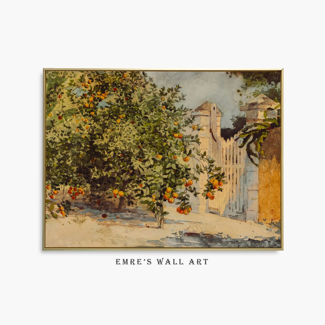 Orange Trees Garden Watercolor, Rustic Kitchen Art Print