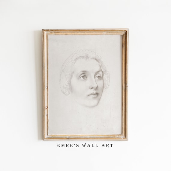 Woman Face Pencil Sketch Drawing Antique Portrait Minimalist Print