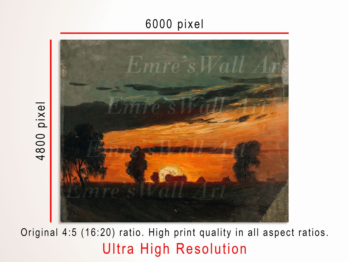 Vintage Sunset Landscape Oil Painting Art Print - Image 3