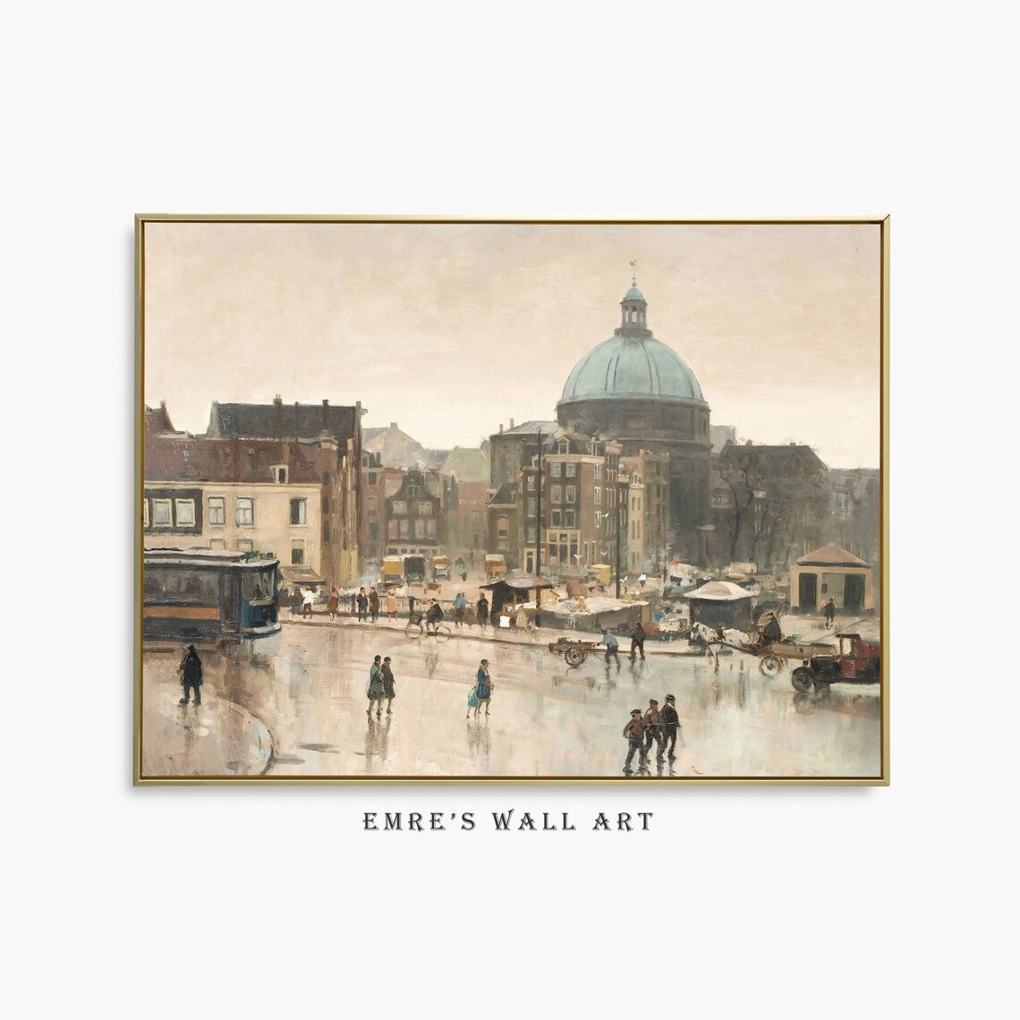 Amsterdam Street Scene Domed Church Vintage Cityscape Painting Poster