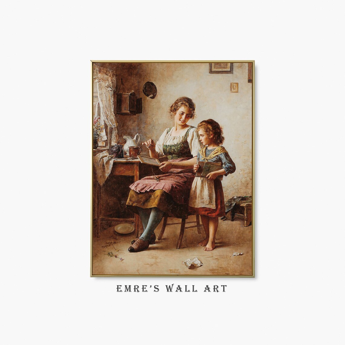 Mother And Daughter Vintage Genre Painting Warm Family Moment Poster