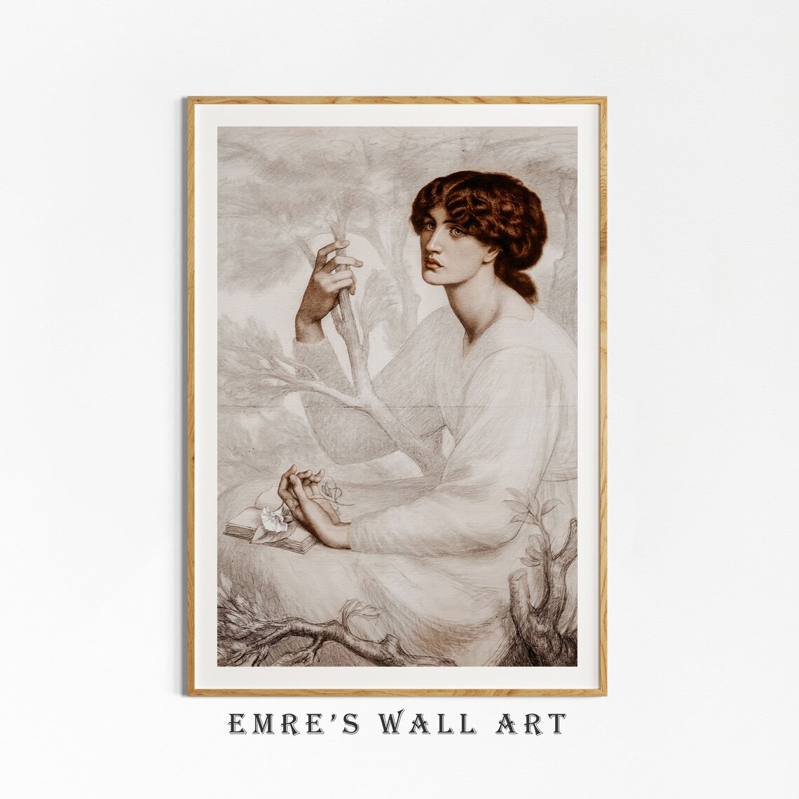 Auburn Haired Woman Sepia Portrait With Branch Antique Wall Art - Image 4