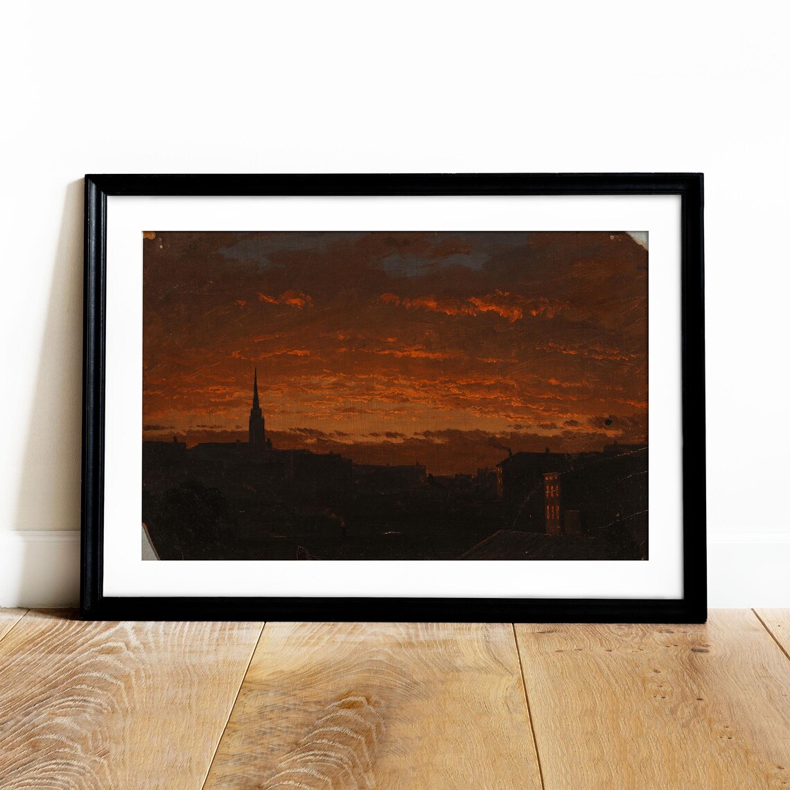 Dark City Skyline Fiery Sunset Vintage Church Steeple Evening Painting Print - Image 2