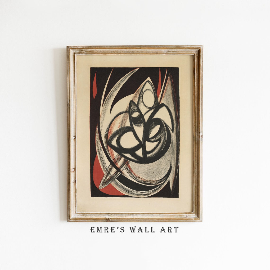 Black Red Cream Swirl Abstract Mid Century Modern Art Poster